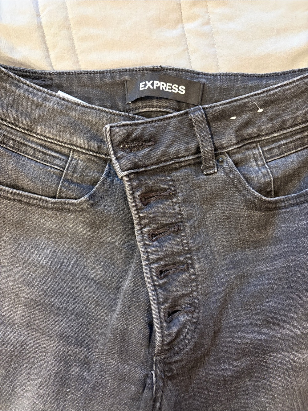 Express Skinny Button-Fly Jeans in Charcoal Gray